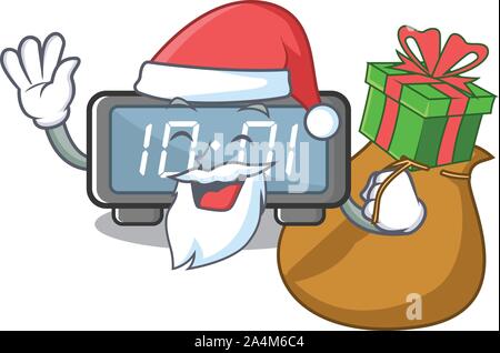 Santa con regalo orologio digitale su una sedia cartoon Illustrazione Vettoriale