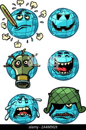 Carattere del pianeta terra. Impostare una raccolta di emozioni gli Emoji. Temi di ecologia e il riscaldamento globale, guerra, risate e problemi. Fumetto cartoon arte pop ret Illustrazione Vettoriale