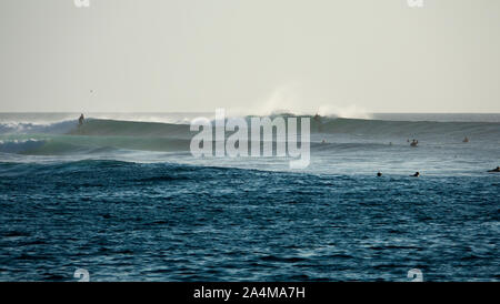 Surfisti cavalcare le onde nel Nembrala, Rote, Indonesia Foto Stock