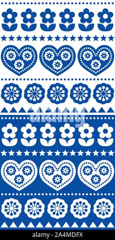 Vettore scandinavo seamless pattern, decorazione floreale folk art design in blu navy, tessili o di tessuto di sfondo ripetitivi con fiori e cuori Illustrazione Vettoriale