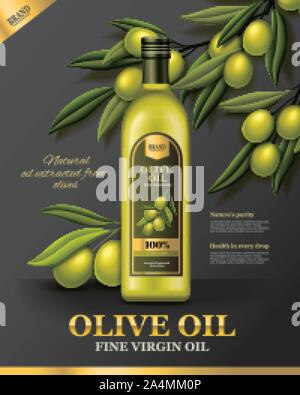 Olio di oliva annunci poster con fresco olive branch in 3D illustrazione Illustrazione Vettoriale