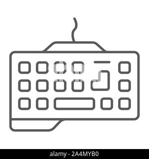 Tastiera Gaming Thin line icona, tecnologia e dispositivo, segno del tastierino, grafica vettoriale un modello lineare su uno sfondo bianco. Illustrazione Vettoriale