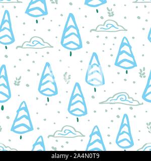 Accogliente winter forest pattern di natale con la mano la linea tracciata di albero di arte e doodle cloud in blu e i toni di ghiaccio su sfondo a trama. Happy design perfetto per il tuo giorno di inverno e Natale. Illustrazione Vettoriale