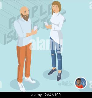 Moda giovane uomo e donna con gli smartphone. Illustrazione Vettoriale