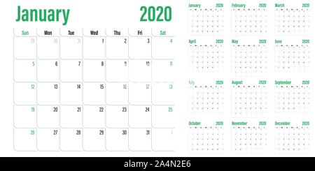 Calendario planner modello 2020 illustrazione vettoriale tutti i dodici mesi settimana comincia la domenica e indicare i fine settimana il sabato e la domenica Illustrazione Vettoriale