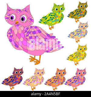 Hipster gufi in doodle stile. Disegnata a mano impostare di graziosi uccelli. Foto Stock
