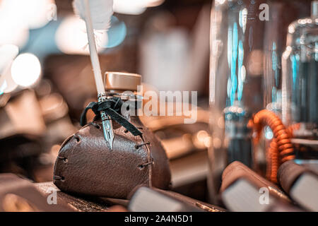 E vittoriano steampunk ispirato la scrittura imposta. Vecchio inkwell e penna del cappello realizzato al di fuori di un uccello reale giù. In pelle e dettagli in ottone. Fatto a mano. Foto Stock