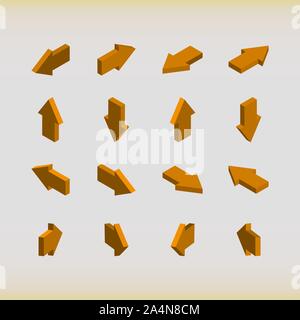 Serie di frecce isometrica di colore arancione. Illustrazione Vettoriale. Illustrazione Vettoriale