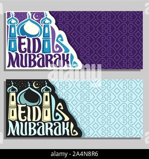 Vector greeting cards per vacanza musulmano Eid Mubarak, banner con spazzola originale carattere tipografico per parole eid mubarak, le cupole blu della moschea di Mubarak in Arabia Illustrazione Vettoriale