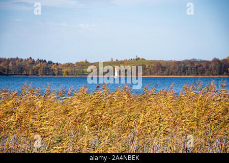 Meraviglioso paesaggio autunnale con un bel colore giallo e arancione alberi colorati, il lago con la barca e canne secche in primo piano Foto Stock