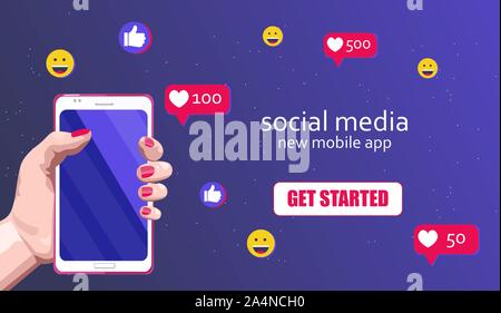 Donna mani con unghie rosse tenendo un telefono intelligente. Gli Emoji icone come pulsante, faccia felice e cuori che scorre. Social media vettore banner Illustrazione Vettoriale