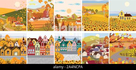 Confezione di cartone animato villaggio di Piana con semi di girasole, di vecchi edifici della città. La stagione autunnale vettore Illustrazione Vettoriale