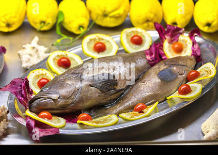 Presentazione di fresco pesce cernia al limone impreparati nel ristorante vassoio - iss detto di avere il meglio del gusto di tutti i pesci del Mediterraneo Foto Stock