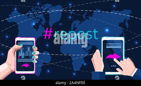 Donna e uomo mani tenendo uno smart phone in mano. Social media banner vettore. Hashtag Repost pulsante e terra mappa su Centro Illustrazione Vettoriale