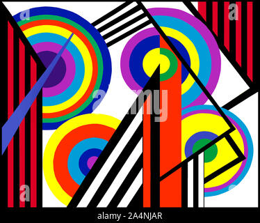 Multi grafico colorato Abstract immagine contenente più linee e cerchi progettati da Burton Zaro di immagini da Zaro Foto Stock
