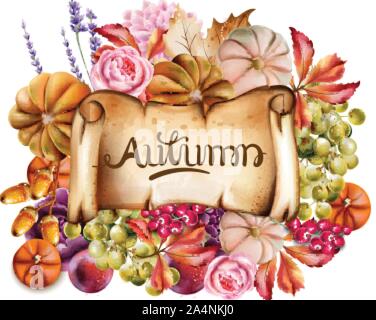 Bosco selvatico fiori e frutti bouquet vettore carta acquerello. Sfondo isolato. Provenza fiori banner Illustrazione Vettoriale