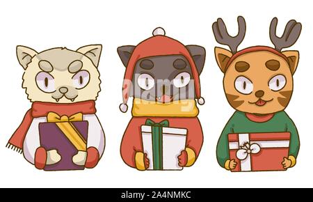 Natale carino gatti tenendo i regali di natale Illustrazione Vettoriale