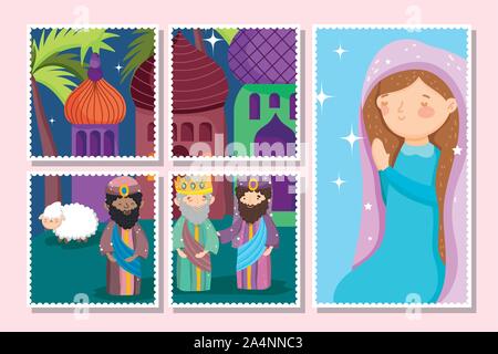 Saggi Maria pecore banner natività collezione illustrazione vettoriale Illustrazione Vettoriale