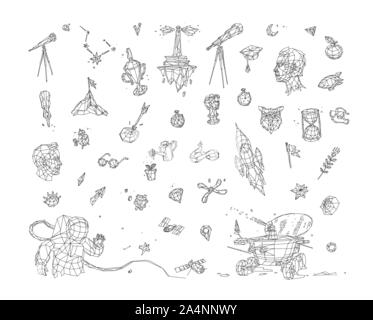 Illustrazione in basso poli stile. Vettore. I disegni e le icone sul tema del kosmos e business. Metafore. Il cannocchiale, satellite, braccio, luna rover un Illustrazione Vettoriale
