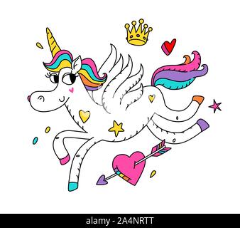 Illustrazione di una esecuzione di magic unicorn con le ali. Vettore. Eroe Cartoon carino a cavallo con un avvisatore acustico. Kawaii carattere. Mitica creatura, simboleggia chast Illustrazione Vettoriale