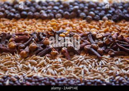 Ingredienti comuni utilizzati in cucina indiana. Spezie e semi sfondo Foto Stock