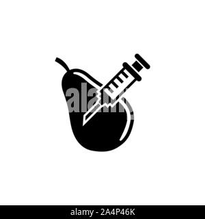 Modificati Geneticamente Pera, frutto di OGM. Piatto icona Vettore illustrazione. Semplice simbolo nero su sfondo bianco. Organismi geneticamente modificati, pera frutta OGM sig Illustrazione Vettoriale