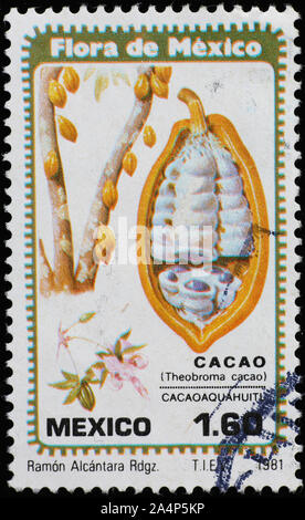 Pod di cacao e impianto sul messicano francobollo Foto Stock