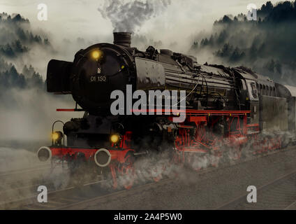 Vintage black Steam powered convoglio ferroviario Foto Stock