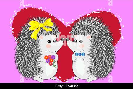 Paio di felice amare il riccio. Carino coppia di animali danza e abbraccio, maschio permette ai fiori di femmina. Amore, romanticismo e di San Valentino tema. Illustrazione Vettoriale