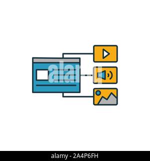 I contenuti digitali icon set. Quattro elementi in diversi stili dal contenuto raccolta di icone. Contenuti digitali creativi di icone riempito, bordato e colorato Illustrazione Vettoriale