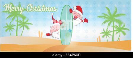 Divertimento santa claus cartoon sulla spiaggia con surf Illustrazione Vettoriale