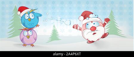 Funny owl e Babbo Natale cartone animato su sfondo di Natale Natale del banner Illustrazione Vettoriale