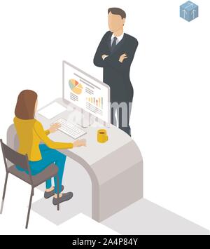 Isometrica a persone che lavorano in ufficio. Illustrazione Vettoriale