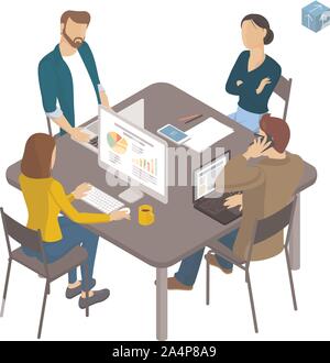 Isometrica a persone che lavorano in ufficio. Illustrazione Vettoriale