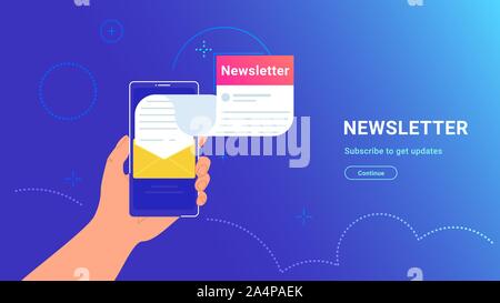 Newsletter abbonamento online in mobile app. Il vettore gradiente illustrazione della mano umana tenendo smartphone con nuova lettera mensile battenti fuori del ghiaione Illustrazione Vettoriale