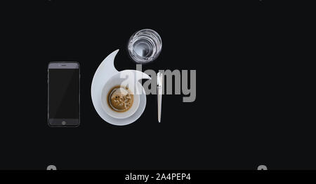 Design piatto per caffè con acqua e smatphone Foto Stock