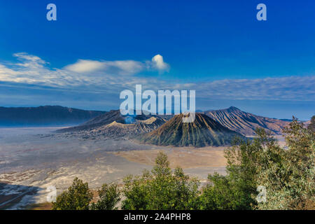 Monte Bromo, è un vulcano attivo e parte del massiccio del Tengger, in East Java, Indonesia. Foto Stock