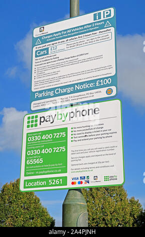 PayByPhone UK parcheggio segni GroupNexus azionato a M5 Motorway Services, ANPR, Worcestershire, England, Regno Unito Foto Stock