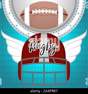 Rugby poster con una sfera, rugby casco e ali - illustrazione vettoriale Illustrazione Vettoriale
