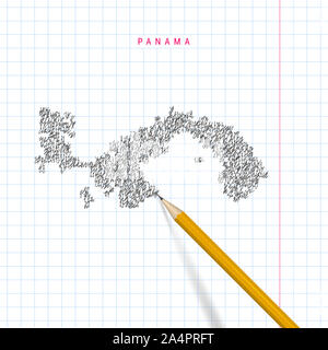 Panama schizzo scribble mappa tracciata sulla scuola a scacchi notebook lo sfondo della carta. Disegnata a mano mappa di Panama. 3D realistiche matita. Foto Stock