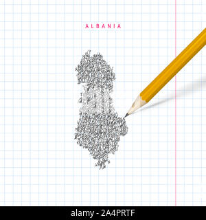 L'Albania schizzo scribble mappa tracciata sulla scuola a scacchi notebook lo sfondo della carta. Disegnata a mano mappa di Albania. 3D realistiche matita. Foto Stock