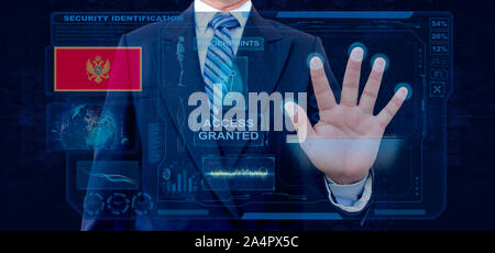 Finger Print scansione biometrica sistema di identificazione. Imprenditore di scansione biometrica delle impronte digitali di identità e l'approvazione. Montenegro Cittadinanza Foto Stock