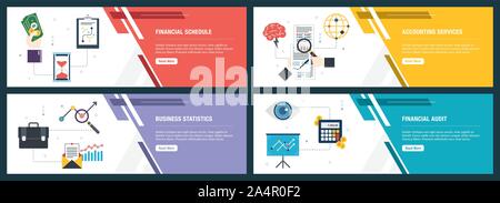 Set di vettore verticale di banner per il web con la pianificazione finanziaria, servizi di contabilità e statistiche commerciali, audit finanziario. Vector modello di pagina di intestazione per nastri Illustrazione Vettoriale