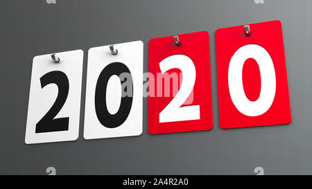 Piastre 2020 sul muro grigio, rappresenta il nuovo anno 2020, tridimensionale, rendering 3D illustrazione Foto Stock