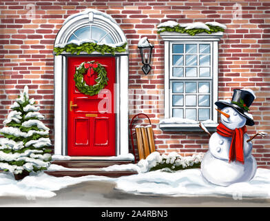 Natale home decoration, ghirlanda di Natale sulla porta in inverno e il pupazzo di neve, Natale biglietto di auguri, arte illustrazione dipinto con acquerelli. Foto Stock