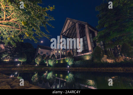 Bella decorazione di stile Inglese rustico edificio coperto con verde impianto di superriduttore di notte Foto Stock