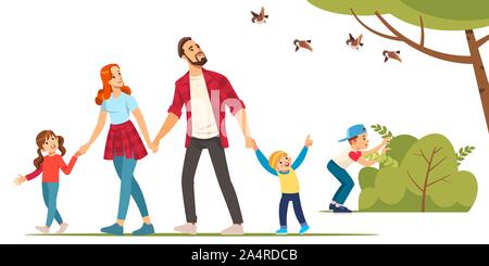 La famiglia felice e escursionismo. Padre, madre e figli viaggiano attraverso nella foresta. Trekking alla natura. Illustrazione Vettoriale in stile cartoon. Illustrazione Vettoriale