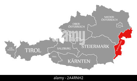 Burgenland evidenziata in rosso nella mappa d'Austria Foto Stock