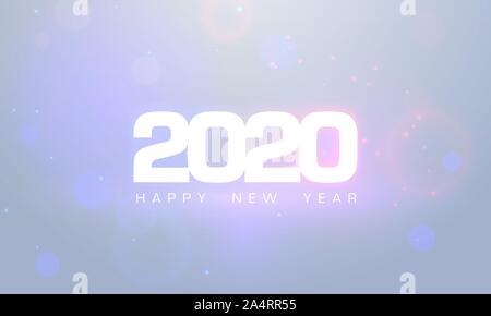 2020 Felice Anno Nuovo testo bagliore design. Biglietto di auguri per il 2020 con auguri. Brochure del modello di progettazione, poster, striscioni o flyer. Vettore fuochi d'artificio bianco Illustrazione Vettoriale