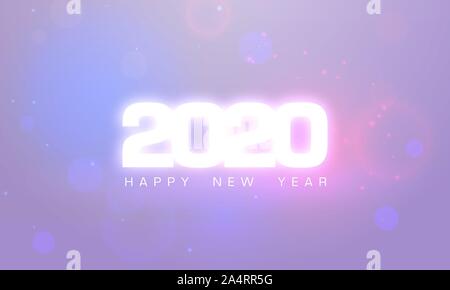 2020 Felice Anno Nuovo testo bagliore design. Biglietto di auguri per il 2020 con auguri. Brochure del modello di progettazione, poster, striscioni o flyer. Vettore fuochi d'artificio bianco Illustrazione Vettoriale